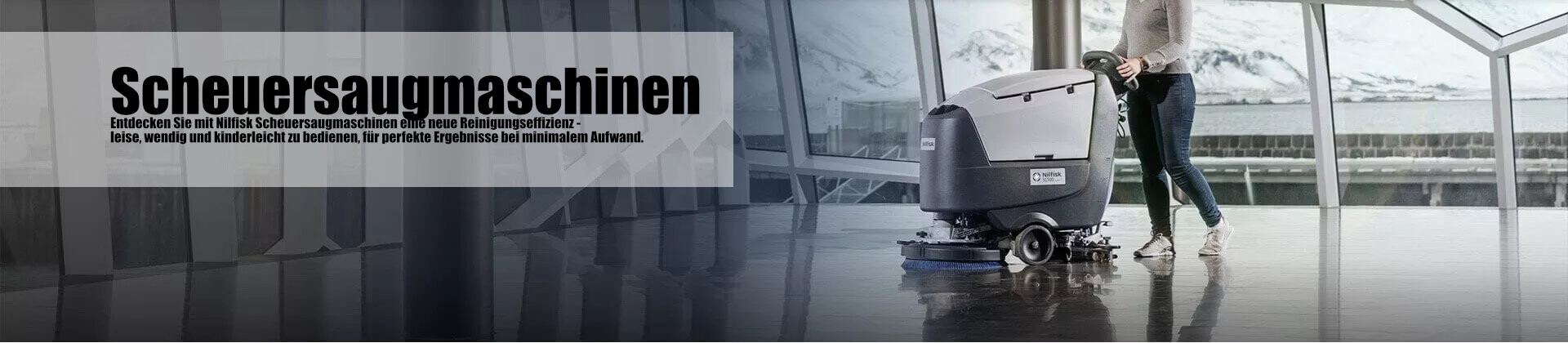 Bild einer Nilfisk Scheuersaugmaschine, die höchste Effizienz und glänzende Sauberkeit auf jeder Oberfläche im Flughafen gewährleistet.