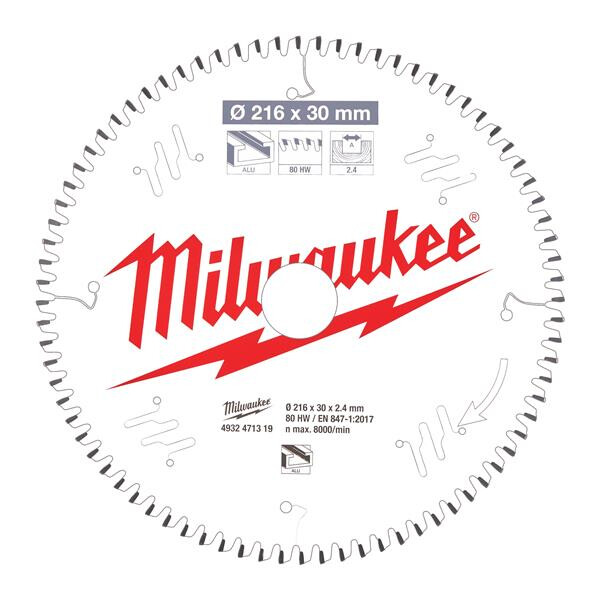 Milwaukee Sägeblatt Alu für Kapp- und Gehrungssägen 216/30 mm Z80 Flachtrapezzahn negativ