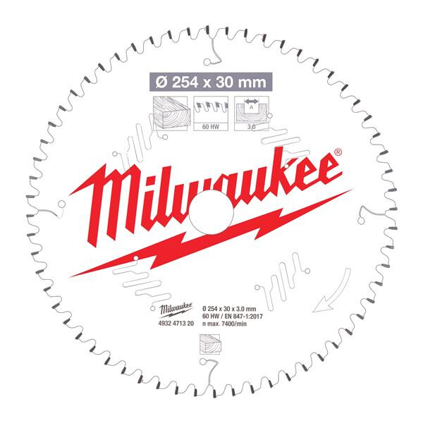 Milwaukee Sägeblatt für Akku-Kapp- und Gehrungssägen 254/30 mm Z60 Wechselzahn negativ