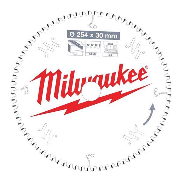 Milwaukee Sägeblatt Alu für Akku-Kapp- und Gehrungssägen 254/30 mm Z80 Flachtrapezzahn negativ